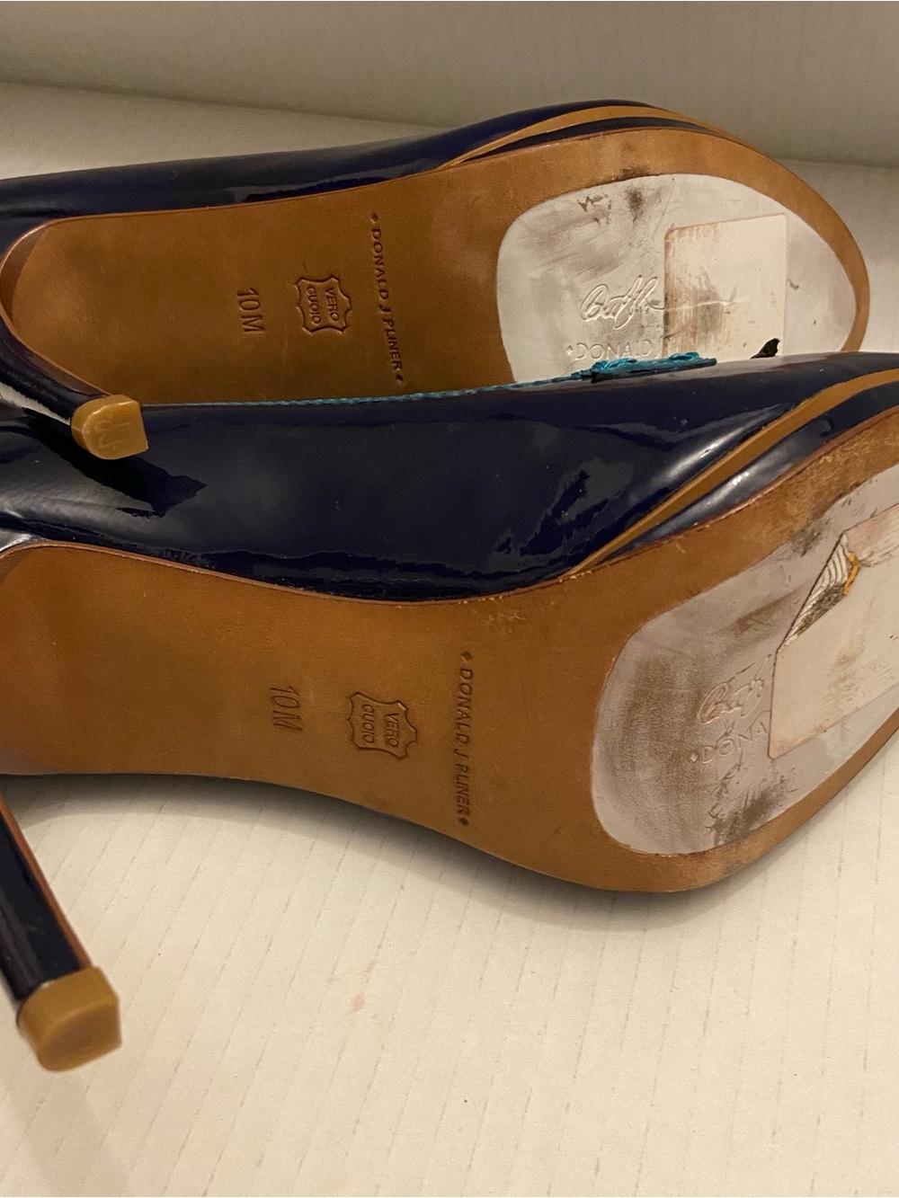 Donald J. Pliner Penni Tassel Color Block Navy and Teal Patent Peep-Toe Heels. - Picture 6 of 8
